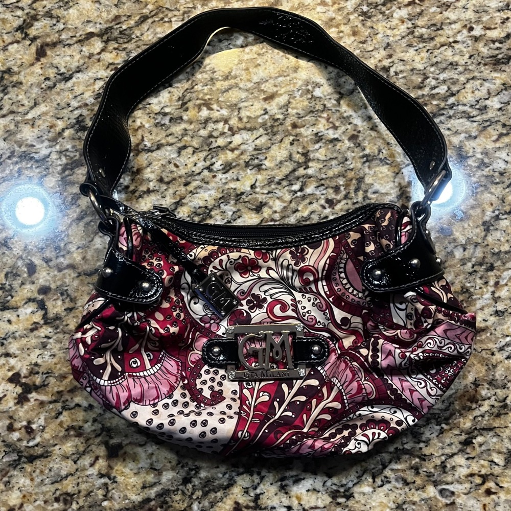 Gia Milani Women Burgundy Pink Paisley Floral Shoulder Bag Black Patent Trim